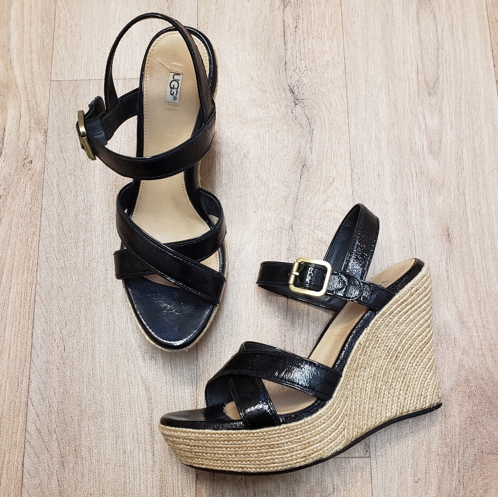 Ugg Black Leather Jackilyn Wedge Espadrilles  8.5